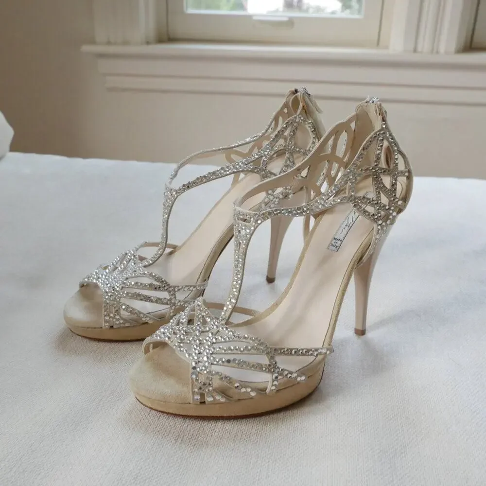 Grey Mer Italy Crystal Heels made in Italy Strappy Sandals suede 8.5 9 - Picture 10 of 11